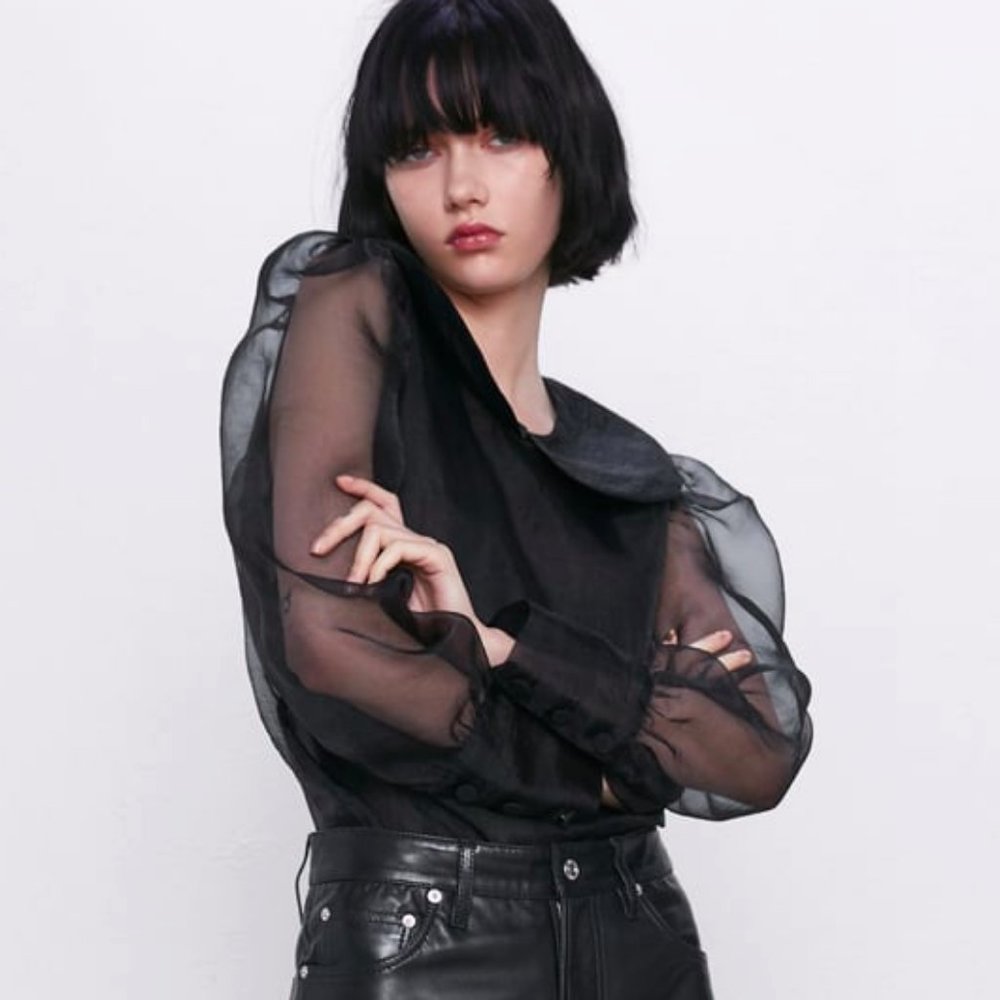 LAST 1! ZARA PETER PAN COLLAR BLACK ORGANZA BLOUSE_4